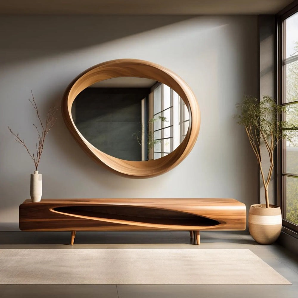 Real Walnut Asymmetrical Mirror - Mid-Century Modern Mirror - Walnut Irregular Mirror - Wooden Frame Mirror