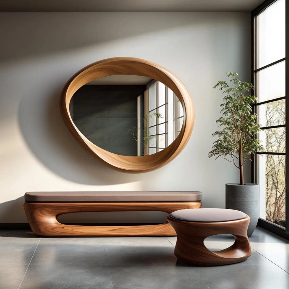 Real Walnut Asymmetrical Mirror - Mid-Century Modern Mirror - Walnut Irregular Mirror - Wooden Frame Mirror