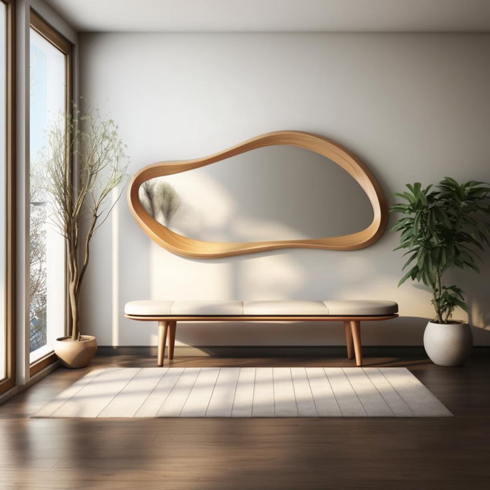 Handcrafted Oak Asymmetrical Mirror - Mid Century Modern Mirror - Asymmetrical Irregular Mirror