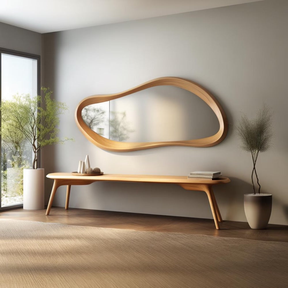 Handcrafted Oak Asymmetrical Mirror - Mid Century Modern Mirror - Asymmetrical Irregular Mirror