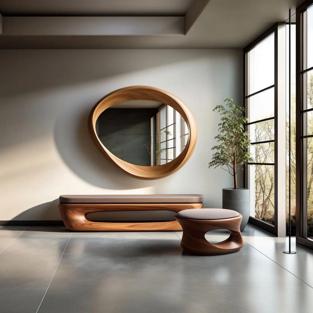 Real Walnut Asymmetrical Mirror - Mid-Century Modern Mirror - Walnut Irregular Mirror - Wooden Frame Mirror