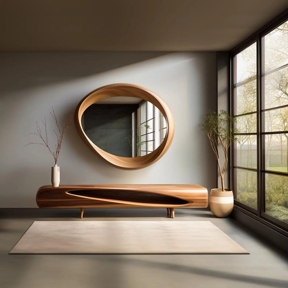 Real Walnut Asymmetrical Mirror - Mid-Century Modern Mirror - Walnut Irregular Mirror - Wooden Frame Mirror