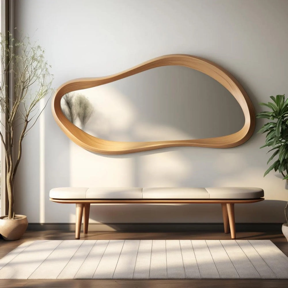 Handcrafted Oak Asymmetrical Mirror - Mid Century Modern Mirror - Asymmetrical Irregular Mirror